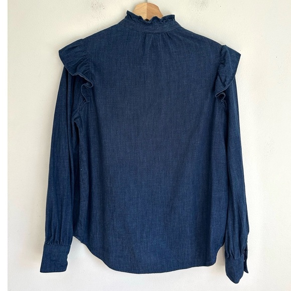 Kate Spade • Long Sleeve Ruffle Blouse in Dark Blue Chambray - Picture 4 of 6